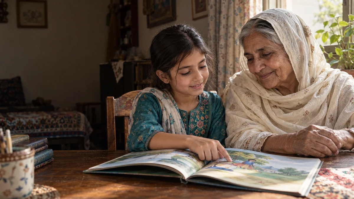 Illustration of a child sharing a book with her grandmother